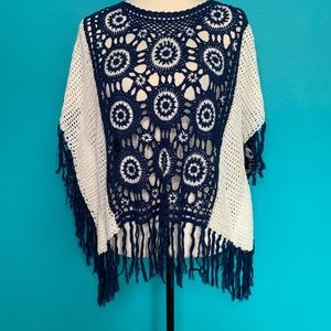 Baku Crochet Poncho Blue and White